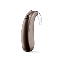 Phonak Naida Luminty hearing aid shown in bronze from Connect Hearing in TX, FL, and CA.
